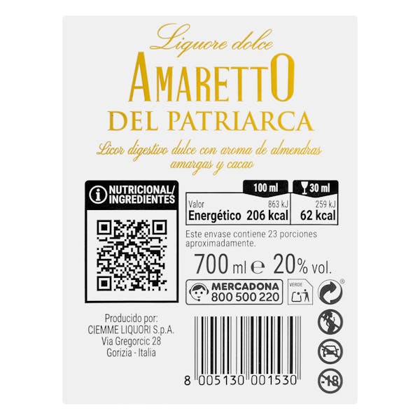 Licor dulce Amaretto Del Patriarca