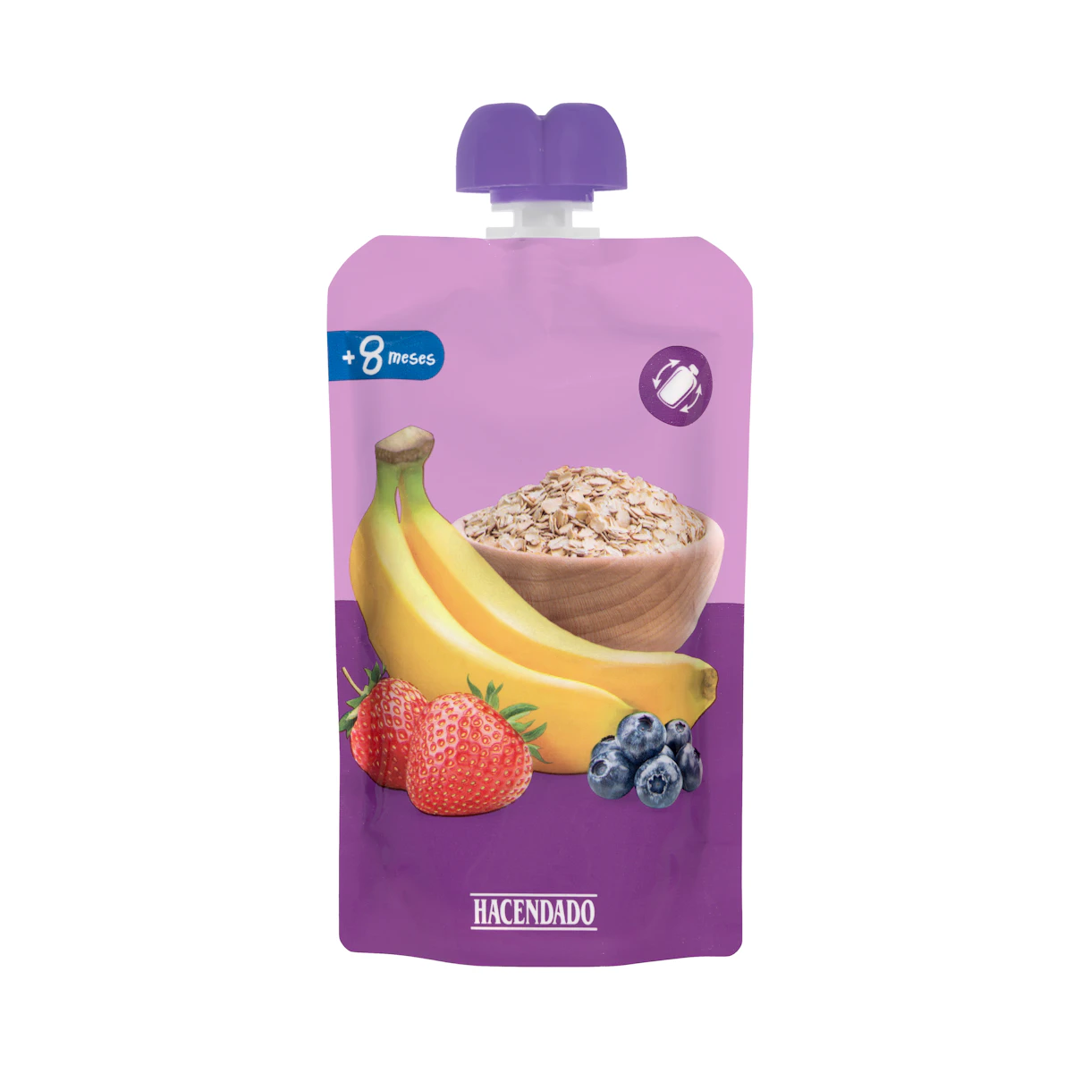 Bolsita puré plátano, fresa, arándanos y avena Hacendado +8 meses – Mercadona – صورة إعلانية للمنتج