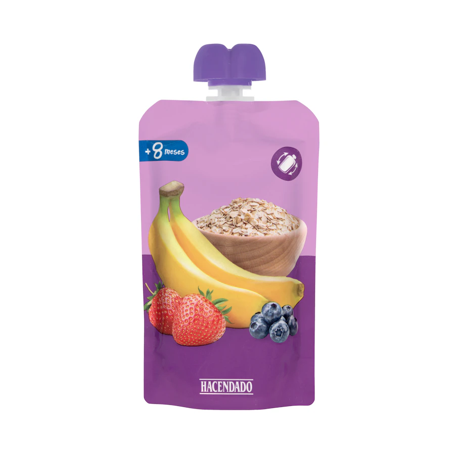 Bolsita puré plátano, fresa, arándanos y avena Hacendado +8 meses – Mercadona – صورة المنتج