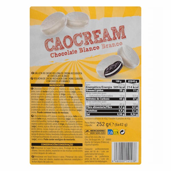 Galletas de cacao Caocream bañadas de chocolate blanco Hacendado rellenas de crema