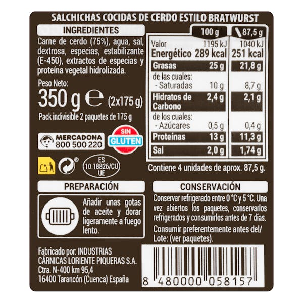 Salchichas cocidas de cerdo estilo Bratwurst Hacendado