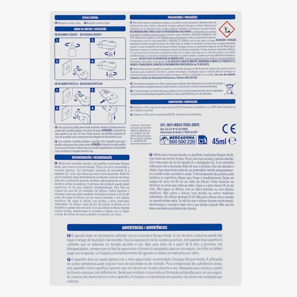 Difusor insecticida antimosquitos Bosque Verde eléctrico