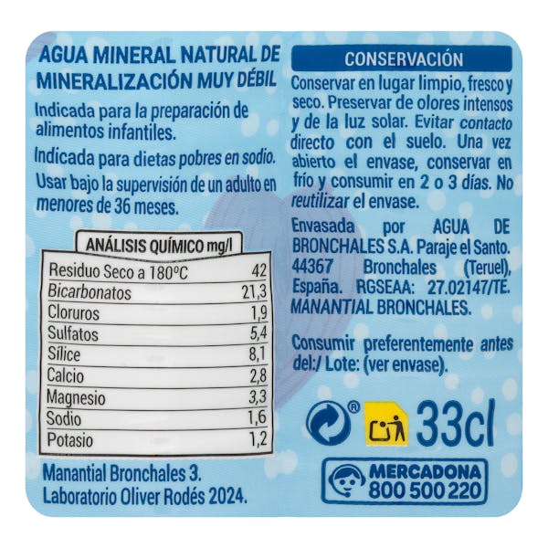 Agua mineral pequeña Bronchales tapón infantil
