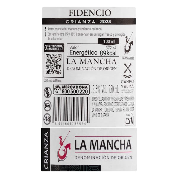 Vino tinto crianza Fidencio DO La Mancha