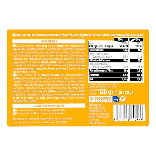 Barritas de cereales sabor mandarina Hacendado