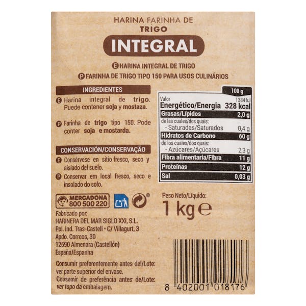 Harina integral de trigo Hacendado