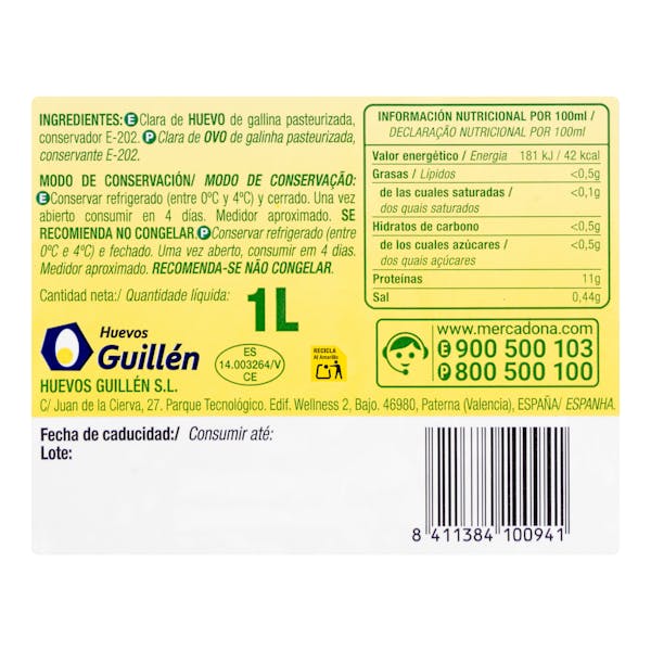 Claras de huevo líquidas pasteurizadas