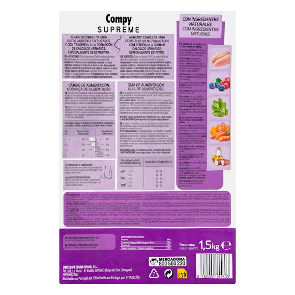 Comida gato adulto esterilizado Supreme Compy con pollo fresco, frutas y verduras