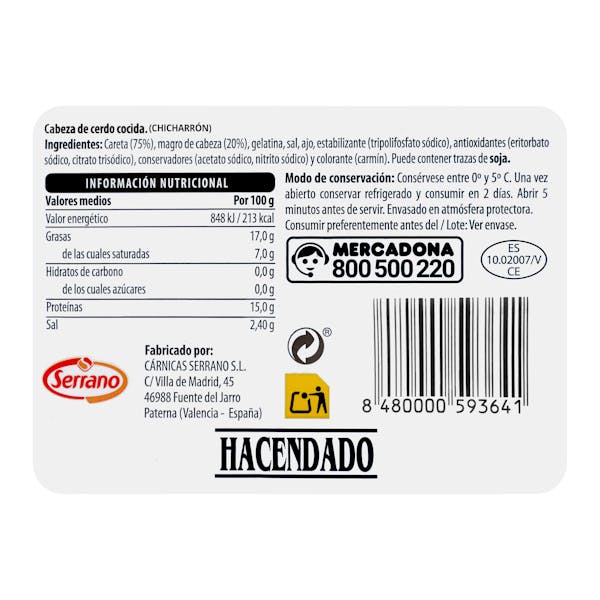 Cabeza de cerdo Hacendado finas lonchas