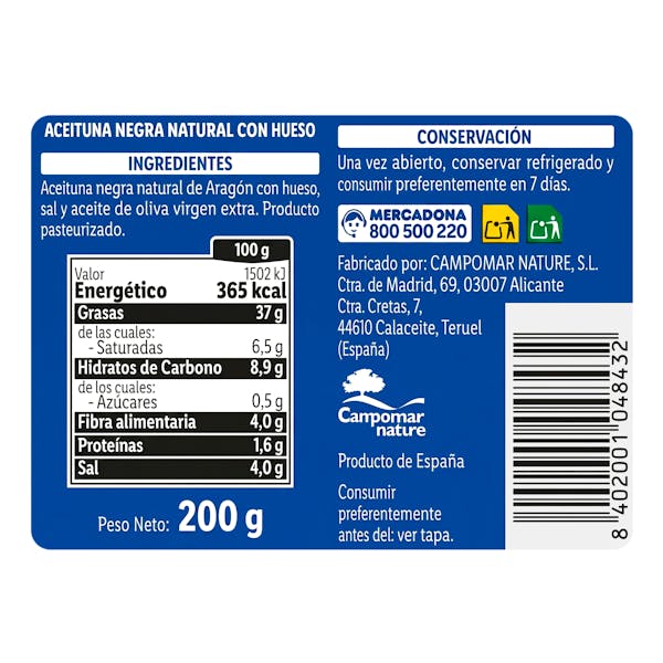 Aceitunas negras naturales de Aragón con hueso Hacendado