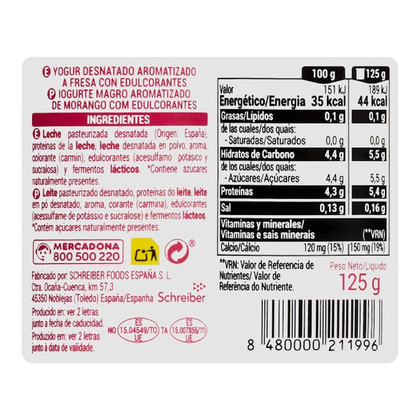 Yogur sabor fresa Hacendado 0% MG 0% azúcares añadidos