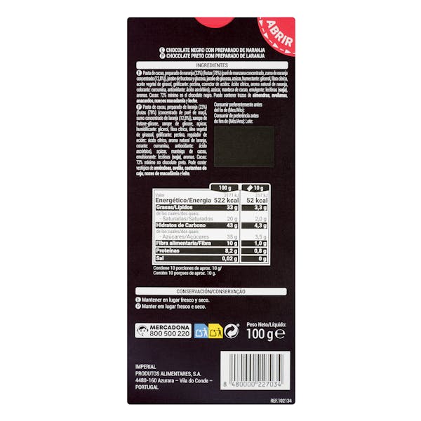 Chocolate negro 72% cacao Hacendado con trozos de naranja