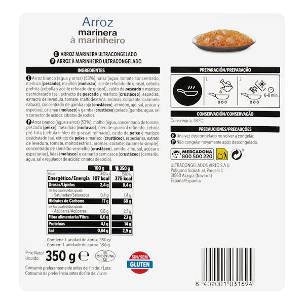 Arroz marinera Hacendado ultracongelado