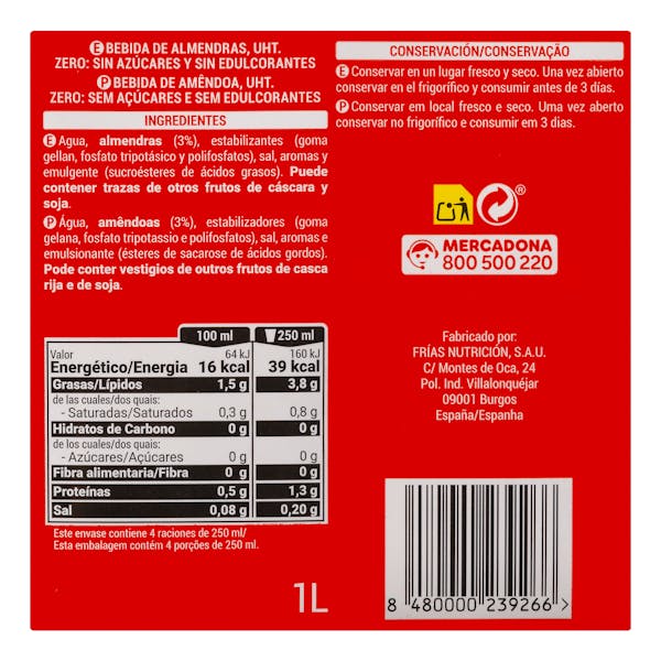 Bebida de almendras 0% azúcar Hacendado