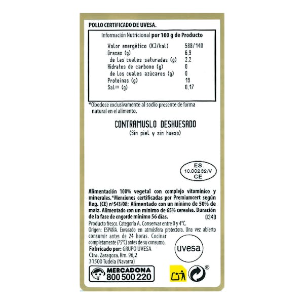 Contramuslos deshuesados y sin piel de pollo certificado alimentado con un 50% de maíz
