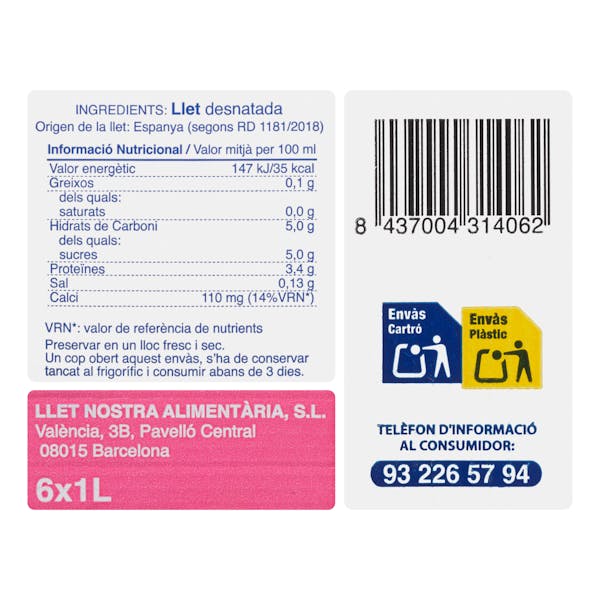 Leche desnatada Llet Nostra