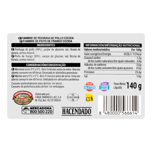 Tiras de pechuga de pollo al natural Hacendado