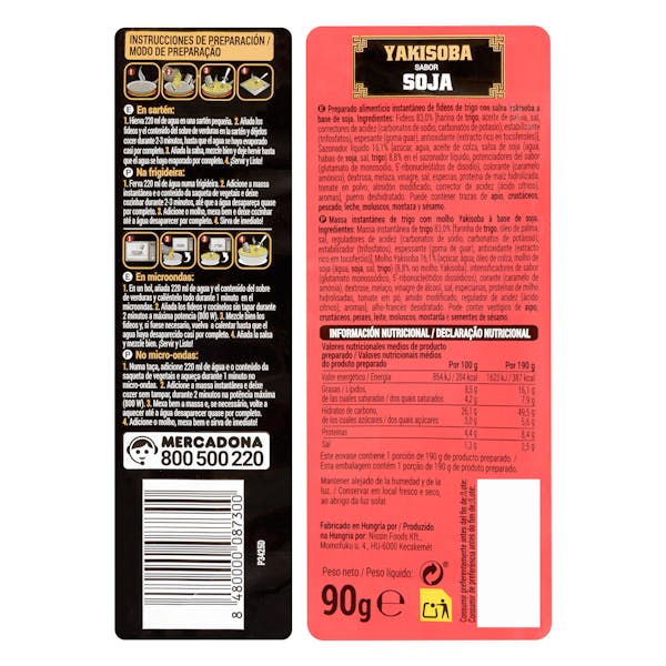 Fideos orientales Yakisoba sabor soja Hacendado