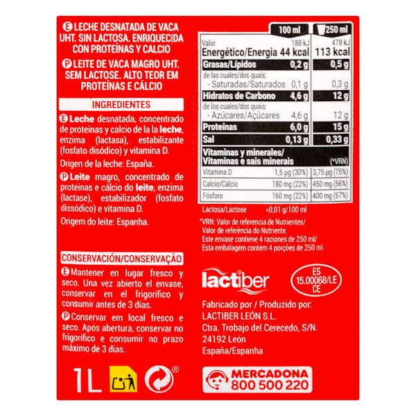 Leche desnatada +Proteínas & calcio Hacendado