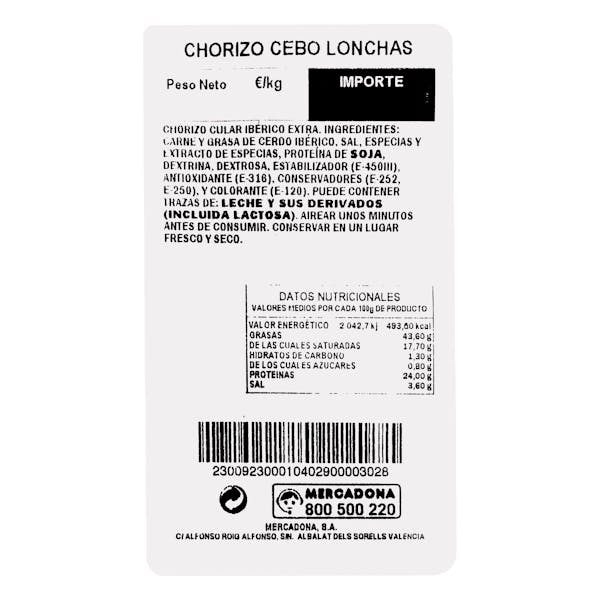 Chorizo de bellota ibérico cular cortado a máquina