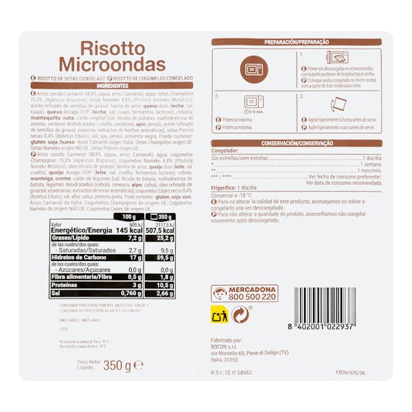 Risotto de setas para microondas Hacendado ultracongelado