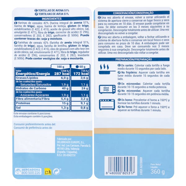 Tortillas de avena 51% Hacendado