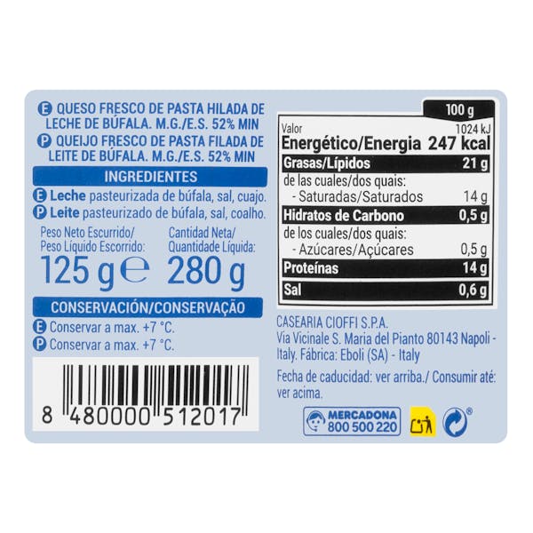 Mozzarella fresca di bufala campana Hacendado