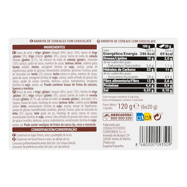 Barritas de cereales y chocolate con leche Hacendado