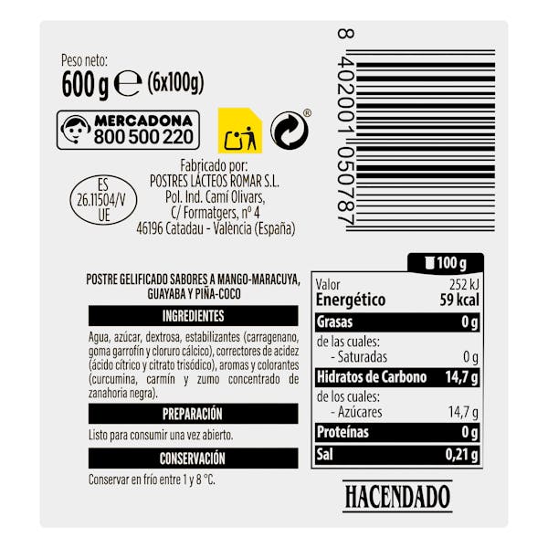 Gelatina sabores mango maracuyá, guayaba y piña coco Hacendado