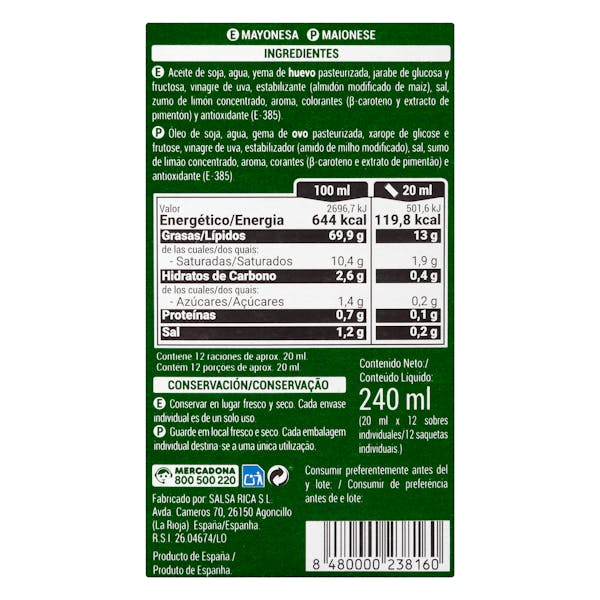 Mayonesa en sobres individuales Hacendado