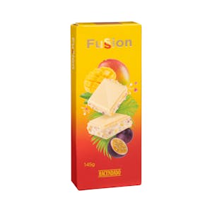Chocolate blanco Fussion Hacendado relleno de mango y crujiente sabor a maracuyá y caramelo