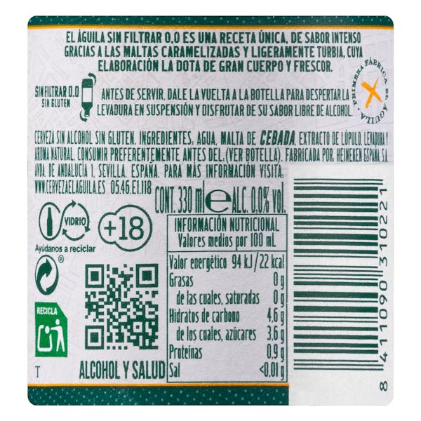 Cerveza 0,0% sin alcohol El Águila sin filtrar