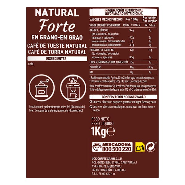 Café en grano fuerte Hacendado