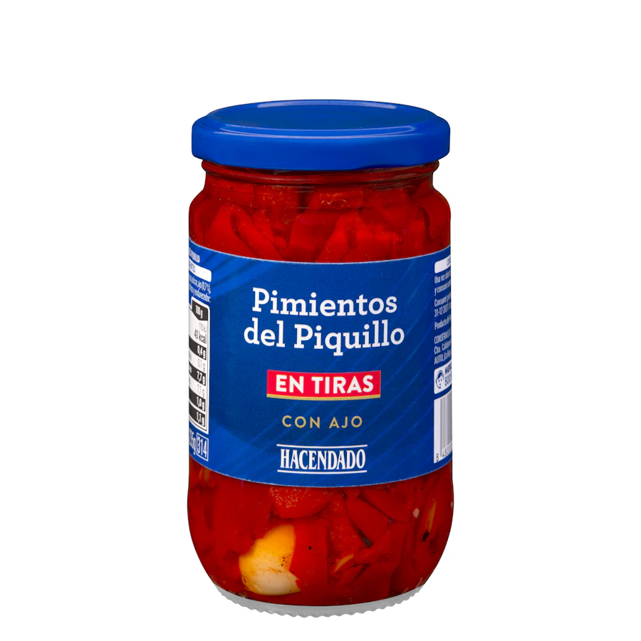 Pimientos del piquillo en tiras con ajo Hacendado – Mercadona – صورة المنتج