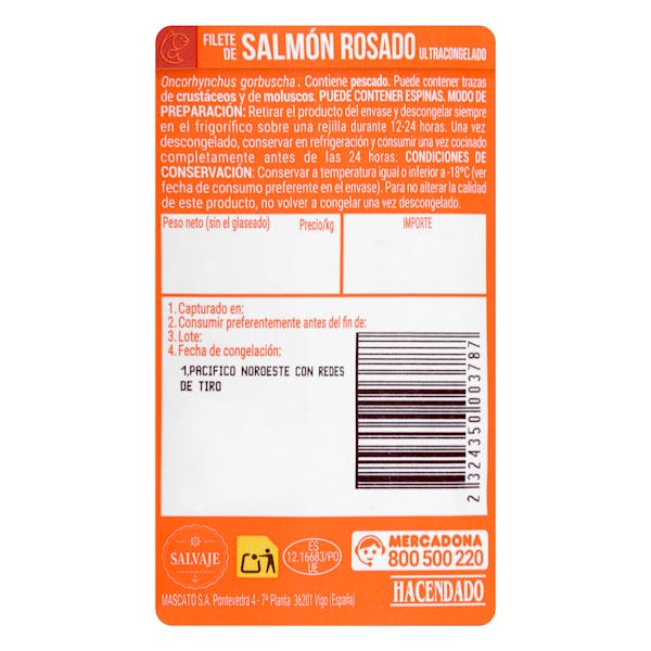 Filete de salmón rosado salvaje con piel Hacendado ultracongelado