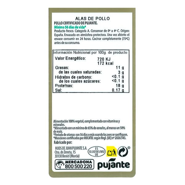 Alas partidas de pollo certificado alimentado con un 50% de maíz