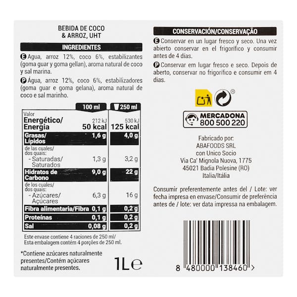 Bebida de coco y arroz sin azúcares añadidos Hacendado