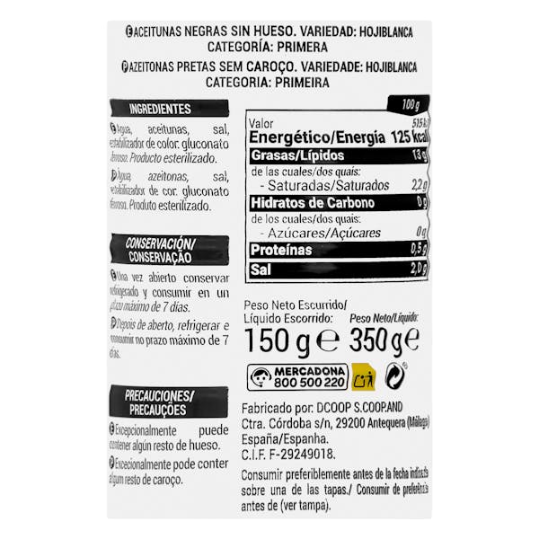 Aceitunas negras sin hueso Hacendado