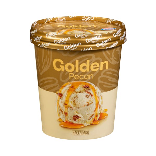 Imagen de Helado golden pecan Hacendado sabor vainilla con trozos de nueces de pecán, salsa dulce de arce y caramelo