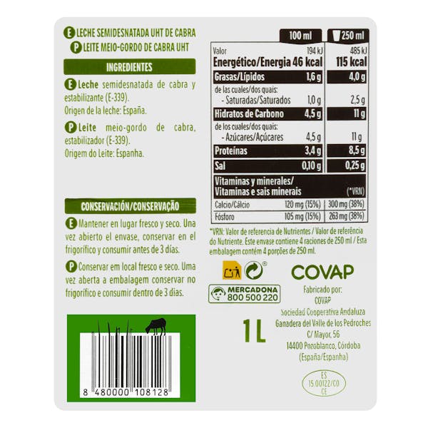 Leche semidesnatada de cabra Hacendado