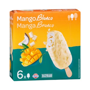 Helado bombón mango blanco Hacendado con salsa de mango y cobertura de chocolate blanco con trozos de coco crujientes