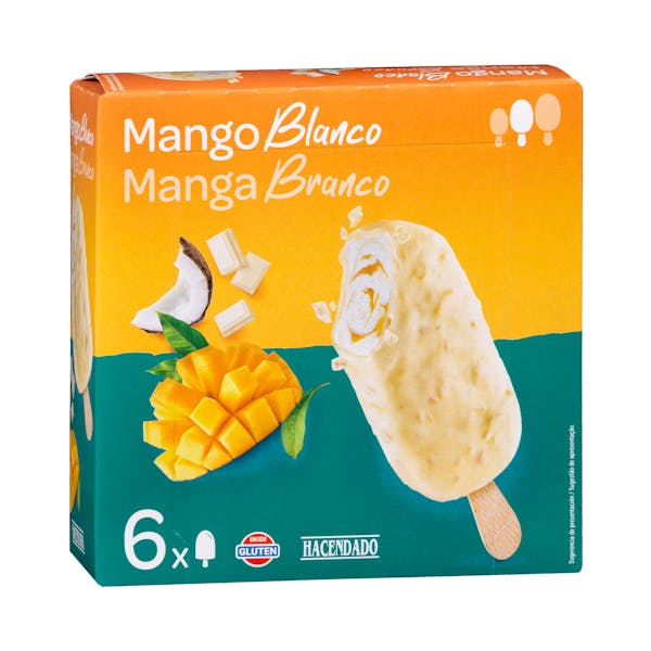 Helado bombón mango blanco Hacendado con salsa de mango y cobertura de chocolate blanco con trozos de coco crujientes