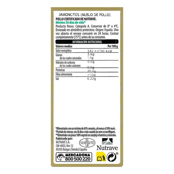 Jamoncitos de pollo certificado alimentado con un 50% de maíz