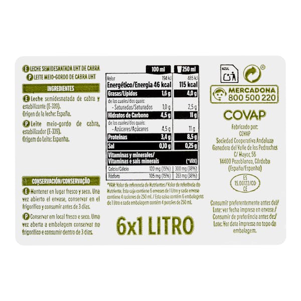 Leche semidesnatada de cabra Hacendado