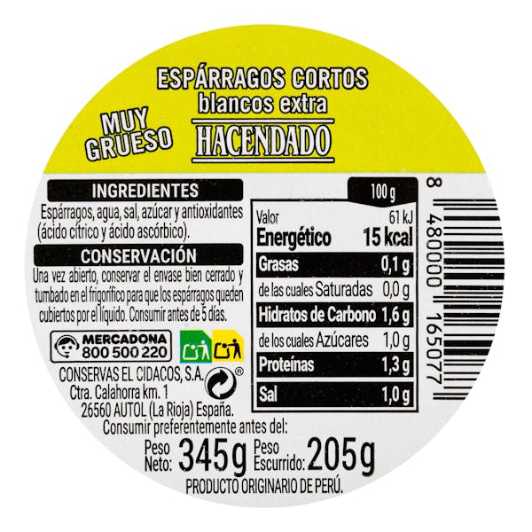 Espárragos blancos muy gruesos Hacendado cortos