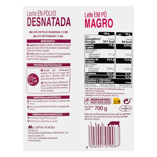 Leche en polvo desnatada Hacendado