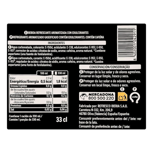 Refresco cola Hacendado zero azúcar