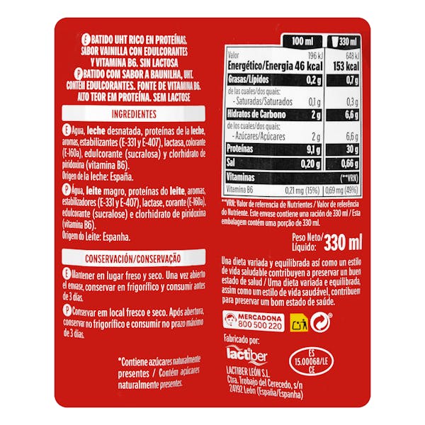 Batido lácteo sabor vainilla +Proteínas Hacendado 30 g proteínas