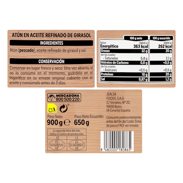 Atún en aceite de girasol Hacendado