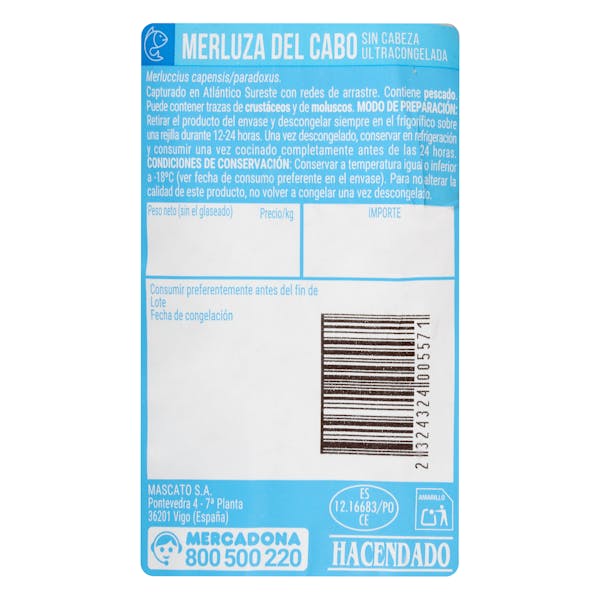 Merluza del Cabo sin cabeza Hacendado ultracongelada